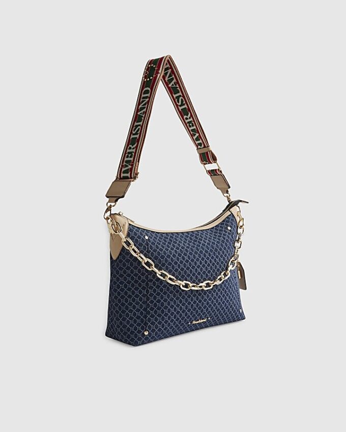 Blue Denim Monogram Print Chain Shoulder Bag