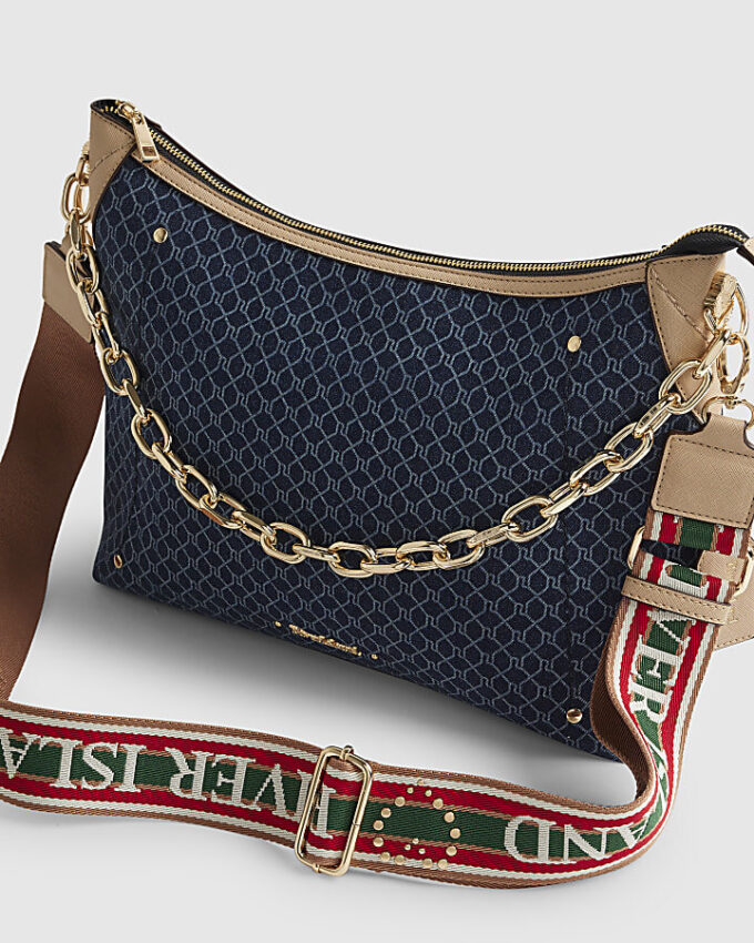Blue Denim Monogram Print Chain Shoulder Bag