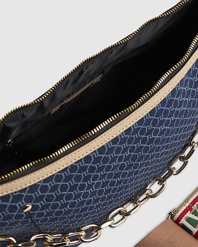 Blue Denim Monogram Print Chain Shoulder Bag