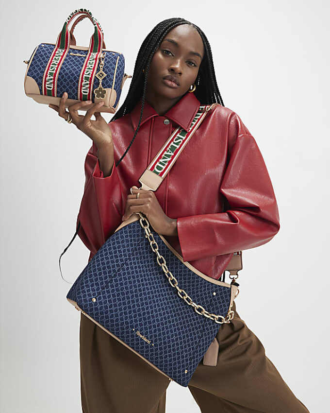 Blue Denim Monogram Print Chain Shoulder Bag