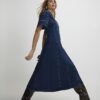 Blue Denim Short Sleeve Seamed Midi Dress Blue Denim Short Sleeve Seamed Midi Dress
