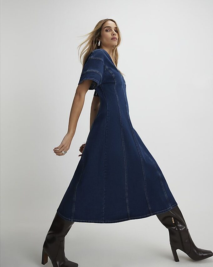 Blue Denim Short Sleeve Seamed Midi Dress Blue Denim Short Sleeve Seamed Midi Dress