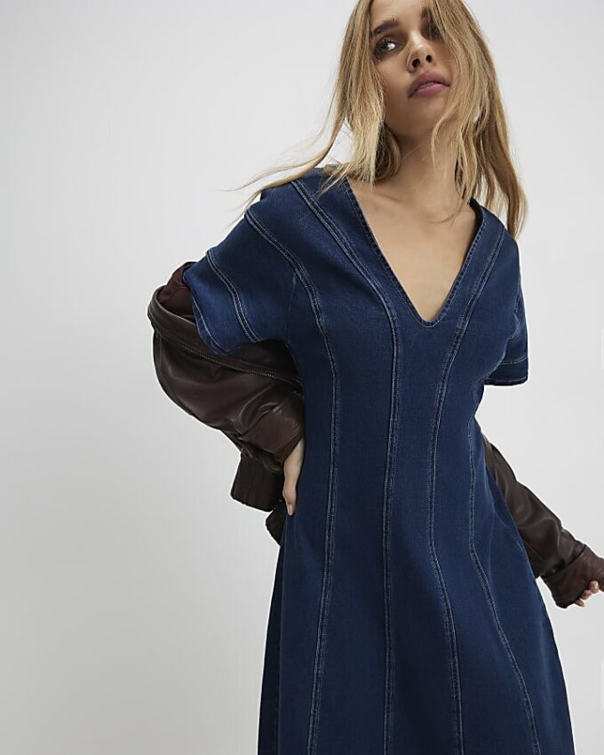 Blue Denim Short Sleeve Seamed Midi Dress Blue Denim Short Sleeve Seamed Midi Dress