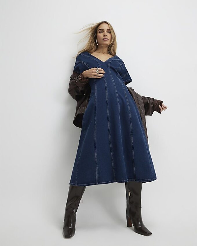 Blue Denim Short Sleeve Seamed Midi Dress Blue Denim Short Sleeve Seamed Midi Dress