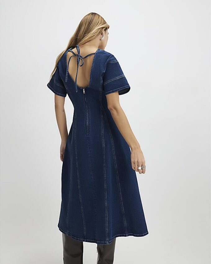 Blue Denim Short Sleeve Seamed Midi Dress Blue Denim Short Sleeve Seamed Midi Dress