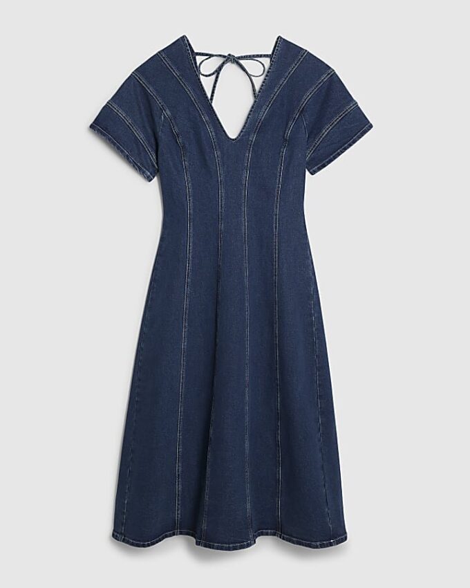 Blue Denim Short Sleeve Seamed Midi Dress Blue Denim Short Sleeve Seamed Midi Dress