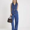 Blue Denim Sleeveless Monogram Belted Top
