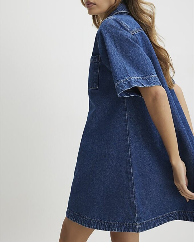 Blue Denim Zip Front Mini Shirt Dress