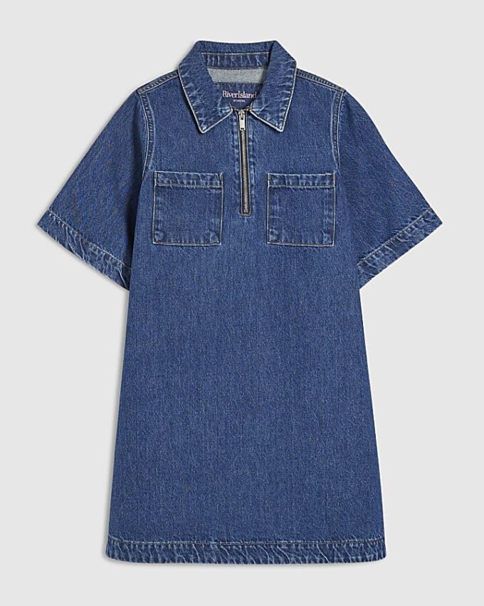 Blue Denim Zip Front Mini Shirt Dress