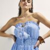 Blue Embroidered Ruffle Playsuit
