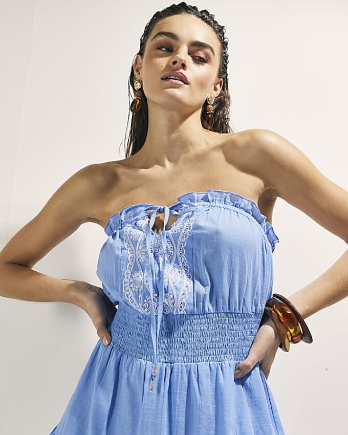 Blue Embroidered Ruffle Playsuit