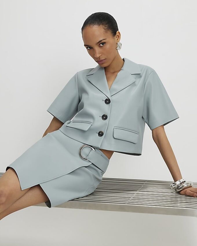 Blue Faux Leather Eyelet Mini Wrap Skirt