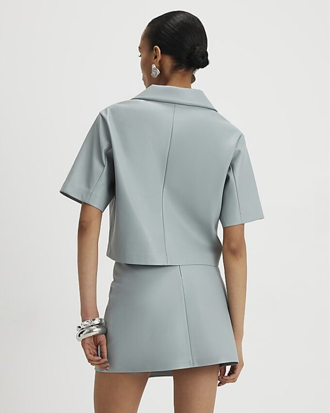 Blue Faux Leather Eyelet Mini Wrap Skirt