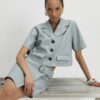 Blue Faux Leather Revere Collar Cropped Shirt