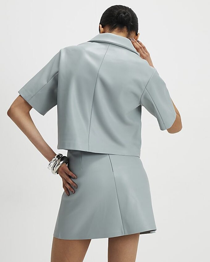 Blue Faux Leather Revere Collar Cropped Shirt