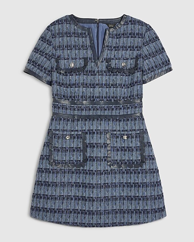 Blue Faux Leather Scallop Boucle Mini Dress
