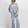 Blue Faux Suede Collared Bomber Jacket
