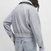 Blue Faux Suede Collared Bomber Jacket