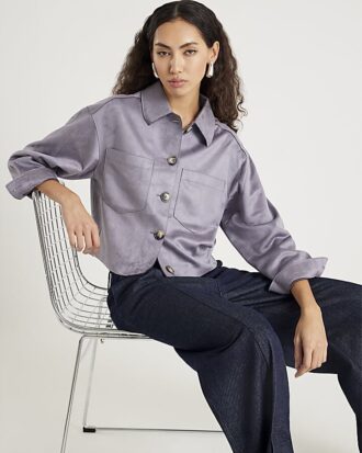 Blue Faux Suede Collared Overshirt