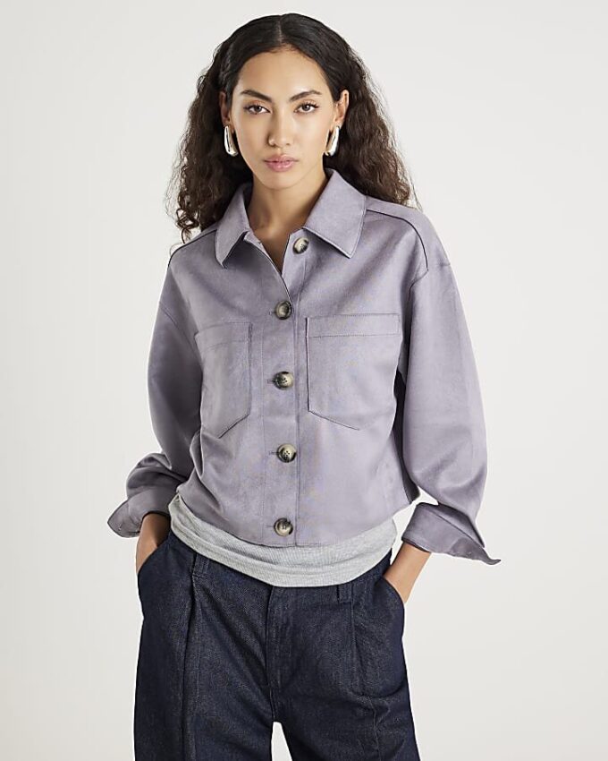 Blue Faux Suede Collared Overshirt