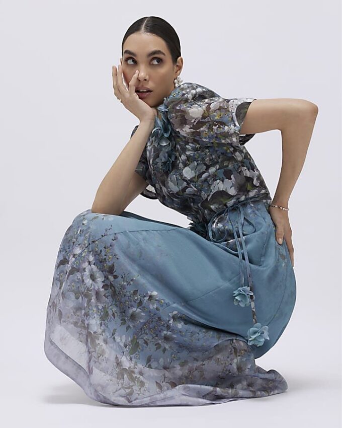 Blue Floral 3D Corsage Midi Dress Blue Floral 3D Corsage Midi Dress