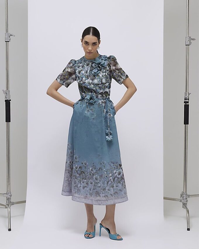 Blue Floral 3D Corsage Midi Dress Blue Floral 3D Corsage Midi Dress