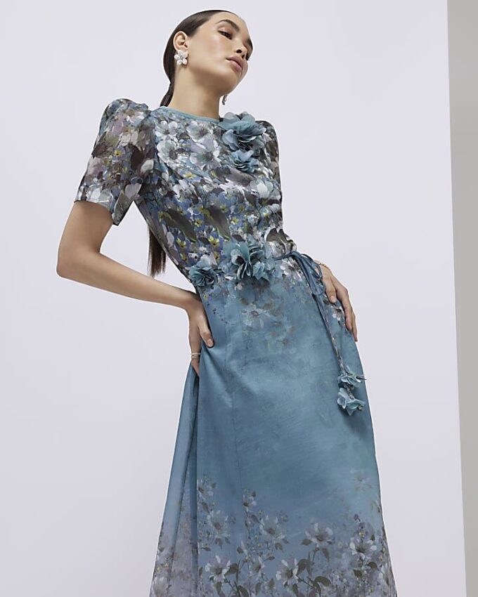 Blue Floral 3D Corsage Midi Dress Blue Floral 3D Corsage Midi Dress