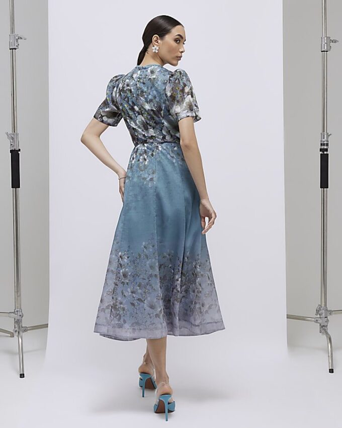 Blue Floral 3D Corsage Midi Dress Blue Floral 3D Corsage Midi Dress