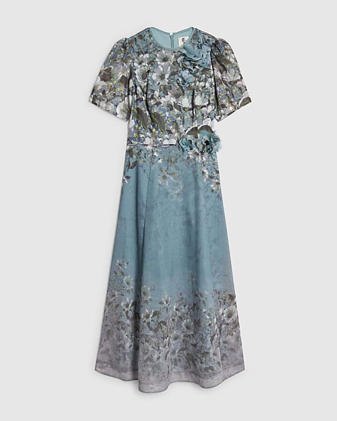 Blue Floral 3D Corsage Midi Dress Blue Floral 3D Corsage Midi Dress
