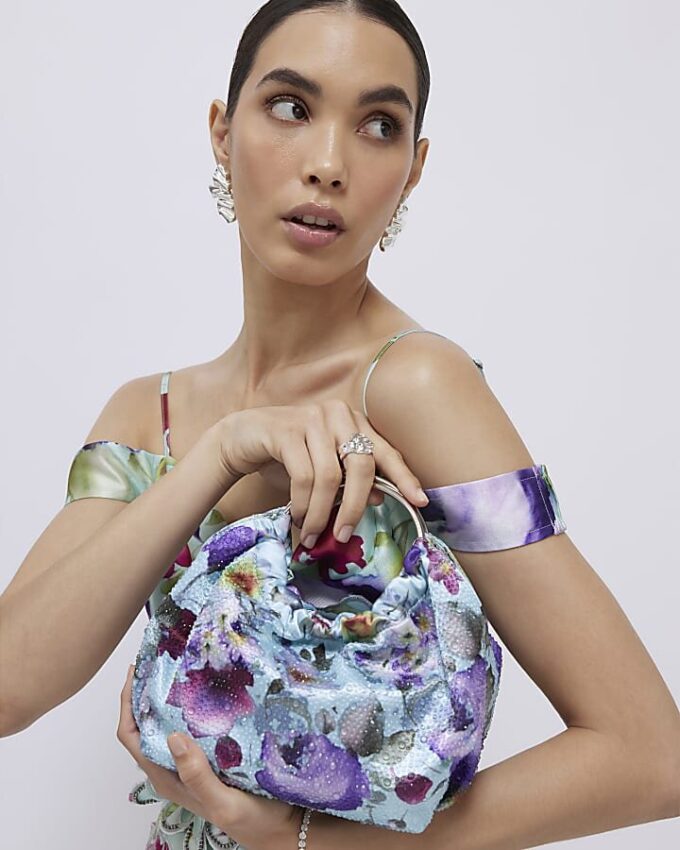 Blue Floral Embellished Grab Top Clutch Bag