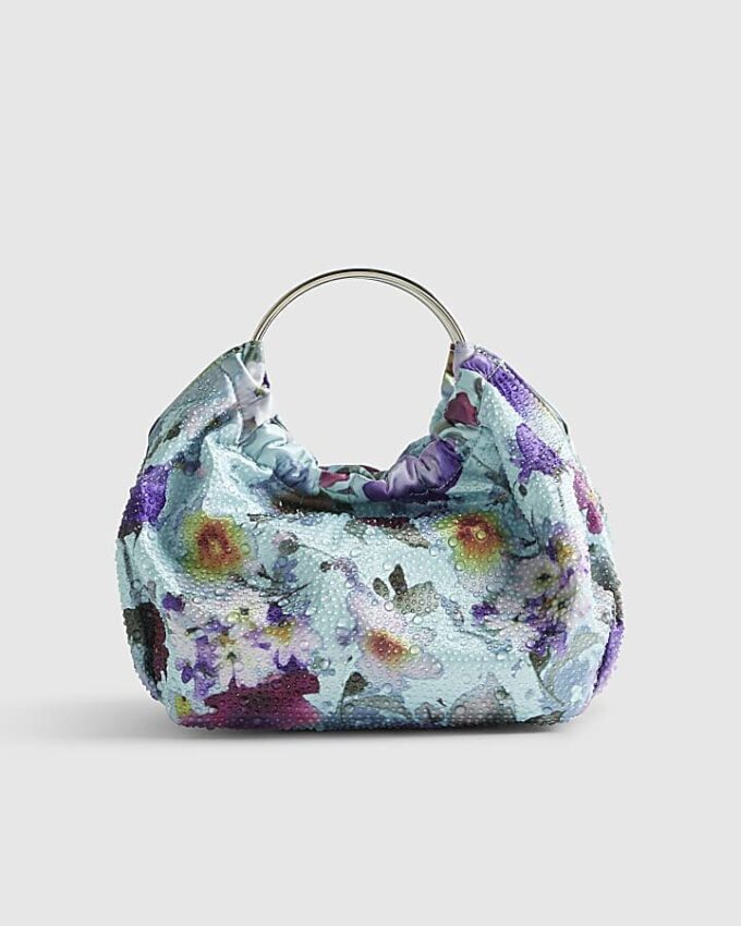 Blue Floral Embellished Grab Top Clutch Bag