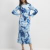 Blue Floral Long Sleeve Midi Dress