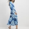 Blue Floral Long Sleeve Midi Dress