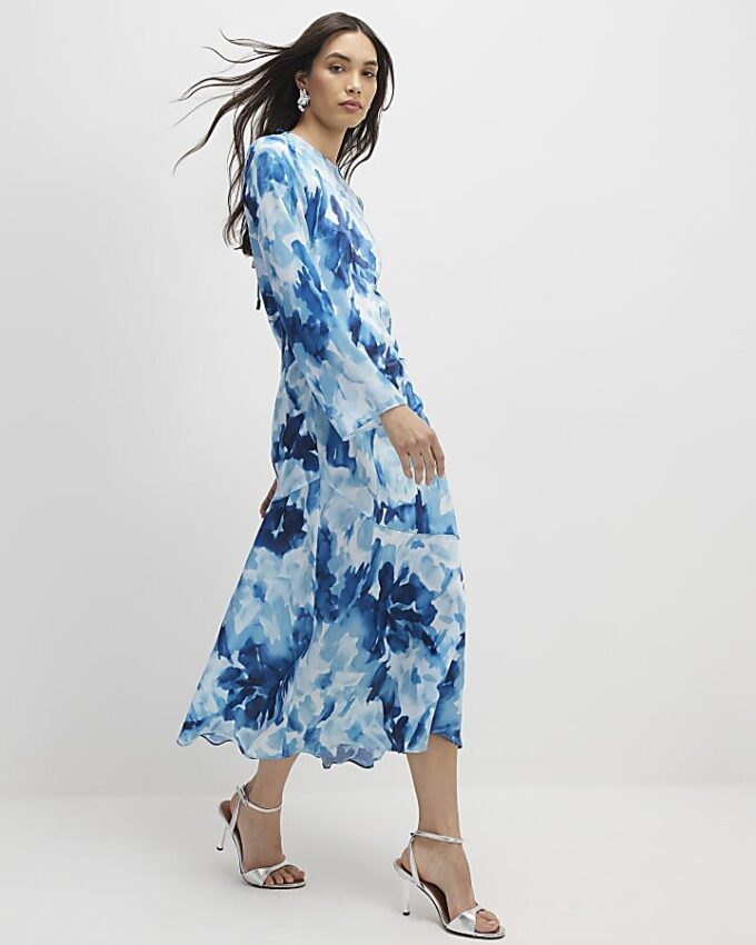 Blue Floral Long Sleeve Midi Dress