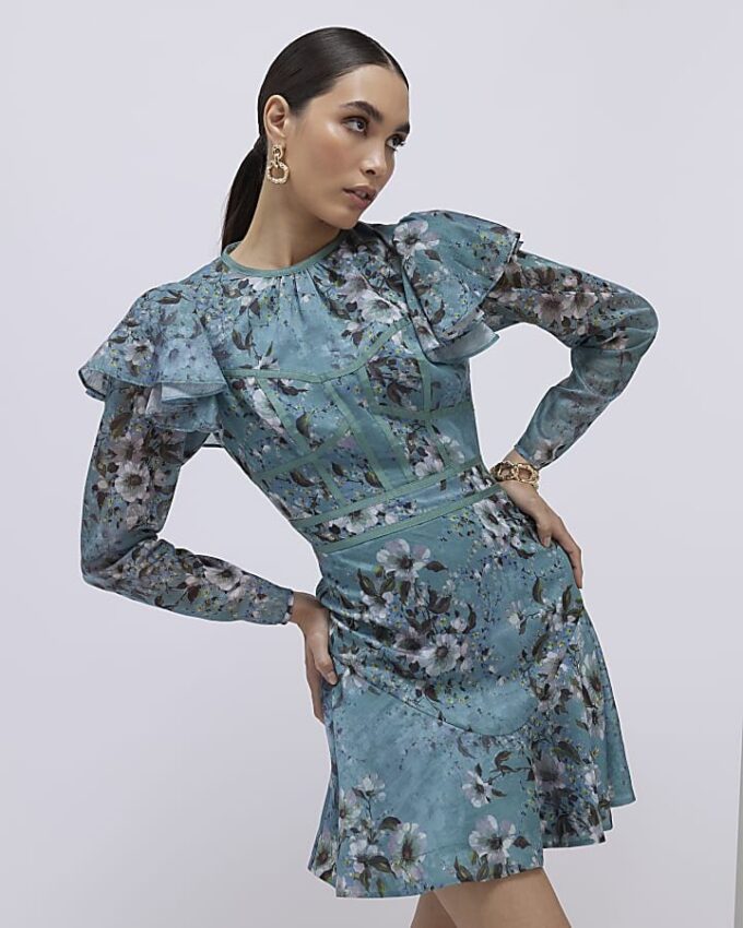 Blue Floral Ruffle Mini Dress