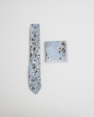 Blue Floral Tie and Handkerchief Set