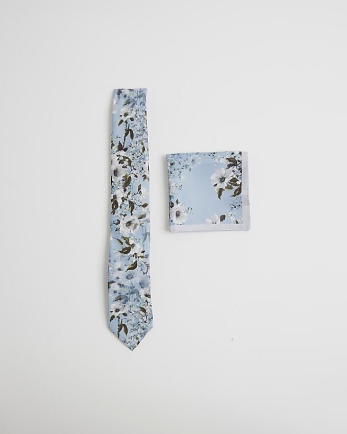 Blue Floral Tie and Handkerchief Set