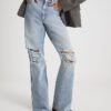 Blue High Rise Relaxed Straight Ripped Jeans