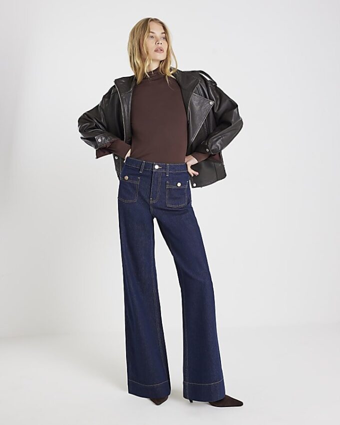 Blue High Waisted Front Pocket Palazzo Jeans