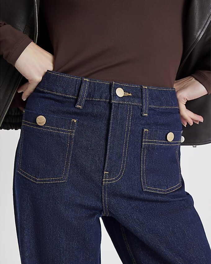 Blue High Waisted Front Pocket Palazzo Jeans