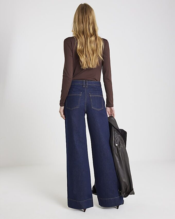 Blue High Waisted Front Pocket Palazzo Jeans