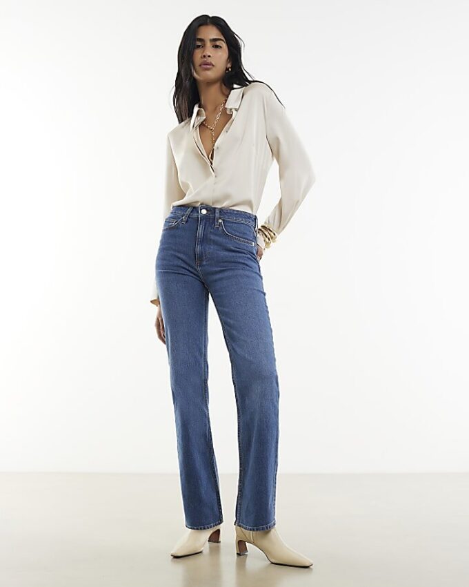 Blue High Waisted Stretch Straight Leg Jeans