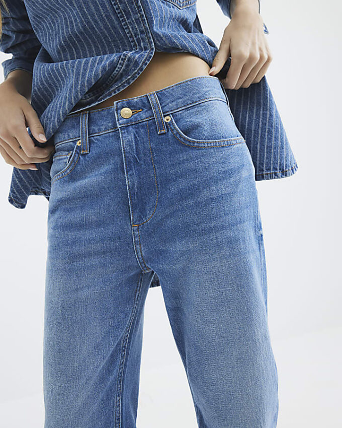 Blue High Waisted Stretch Straight Leg Jeans