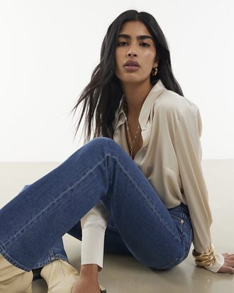 Blue High Waisted Stretch Straight Leg Jeans