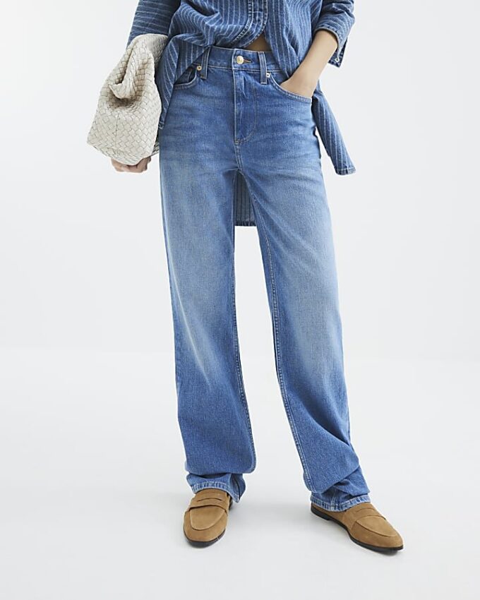 Blue High Waisted Stretch Straight Leg Jeans