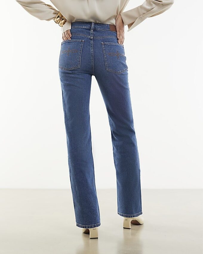 Blue High Waisted Stretch Straight Leg Jeans