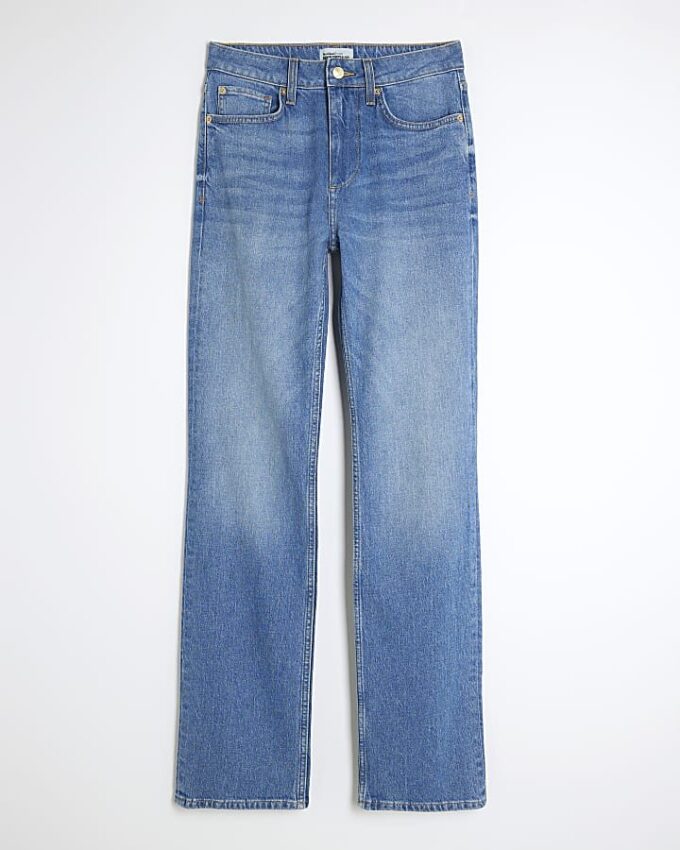 Blue High Waisted Stretch Straight Leg Jeans