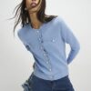 Blue Knit Fitted Scallop Trim Cardigan
