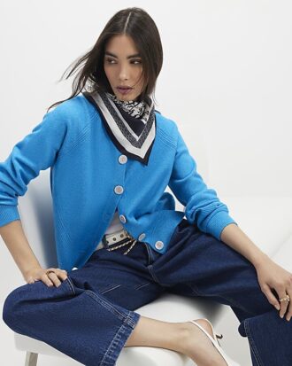 Blue Knitted Long Sleeve Cardigan