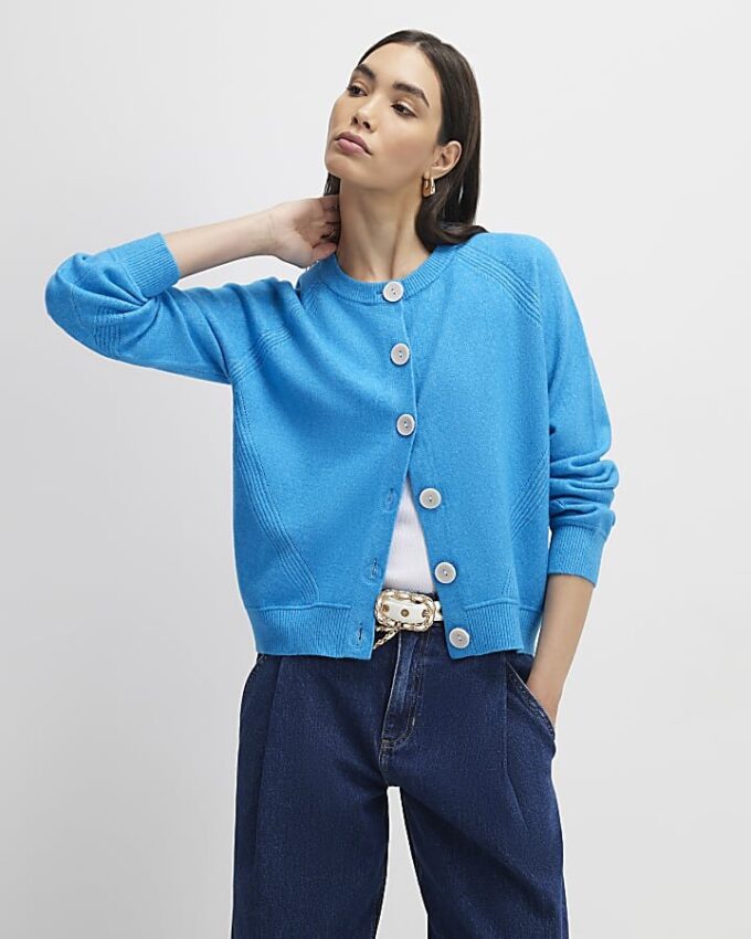 Blue Knitted Long Sleeve Cardigan